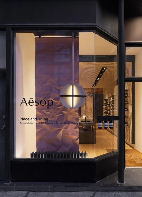 Aesop Window Display, Window Display Lighting, Shopping Window Design, Window Store Design, Cosmetic Window Display, Front Store Design, Window Shop Design, Window Branding, Aesop Shop