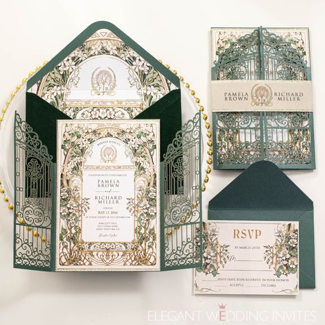 Card TypeDimensionCardstockPrinting MethodLaser Cut Wrap5.00 x 7.28 in (w x h)No.184 Emerald Green/Outer envelope5.24 x 7.48 in(w x h)No.010 Ivory Shimmer/Printed invitation4.33 x 6.69 in (w x h)No.339 WhiteDigital PrintingInvitation Backer4.72 x 7.09 in (w x h)No.G226 Glitter Champagne GoldBlankEnvelope for RSVP Card5.12 x 3.82 in (w x h)No.010 Ivory Shimmer/RSVP Card3.50 x 5.00 in (w x h)No.339 WhiteDigital printing Layered Wedding Invitations, Velvet Wedding Invitations, Forest Wedding Invitations, Ivory Wedding Invitations, Inexpensive Wedding Invitations, Spring Wedding Invitations, Affordable Wedding Invitations, Acrylic Wedding Invitations, Foil Wedding Invitations