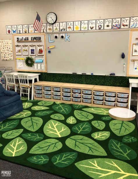 Green Preschool Classroom, Green Daycare Room, Tree Theme Classroom, Library Rug Ideas, Green Classroom Decor Theme, Garden Decor Classroom, Garden Of Eden Classroom Decor, Elementary Classroom Rug, Elementary Classroom Decor Plants