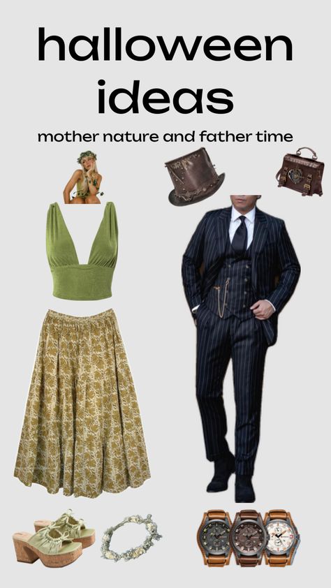 mother nature 🍃 and father time ⏱️ #halloween #mothernature #fathertime #couplescostume #halloweeninspo Mother Nature And Father Time, Nature Halloween Costume, Mother Nature Halloween, Mother Nature Costume, Father Time, Halloween Inspo, Create Collage, Mother Nature, Halloween