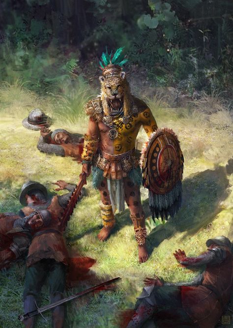 ArtStation - Jaguar Warrior, qiang zhou Aztec Artwork, Mexican Culture Art, Aztec Culture, Mayan Art, Aztec Warrior, Warrior Tattoo, Aztec Art, Chicano Art, Mexican Culture