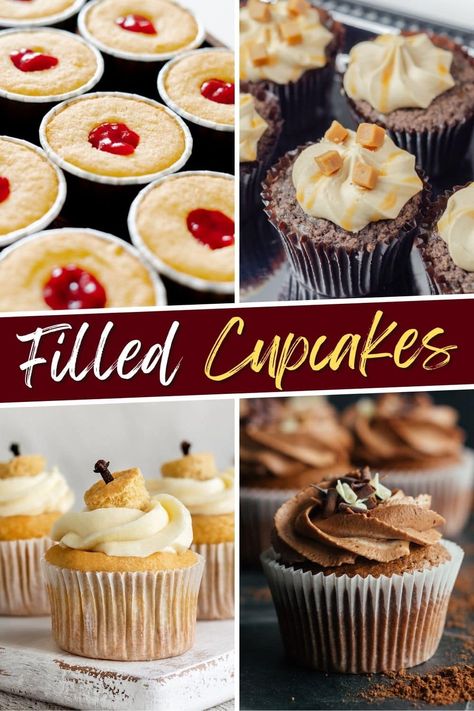 Kick dessert up a notch with these filled cupcakes! From chocolate pudding to fruit to peanut butter, these cupcakes all come with a delicious surprise! Cupcake Flavors With Fillings, Gourmet Filled Cupcake Recipes, Top Cupcake Flavors, Cupcake Filling Flavors, Cupcake Summer Ideas, Mousse Filled Cupcakes, Cream Cheese Filled Cupcakes Recipes, Cream Filled Cupcakes Easy, Special Cupcakes Ideas