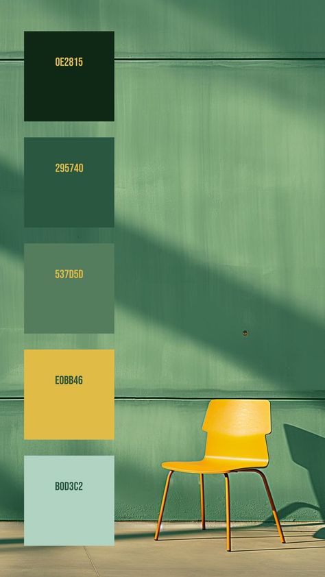 Colors:
0E2815 ° 295740 ° 537D5D ° E0BB46 ° B0D3C2 Soft Green Background, Green Branding, Yellow Palette, Christmas Color Palette, Soft Green Color, Color Design Inspiration, Hex Color Palette, Color Palette Yellow, Yellow Chair