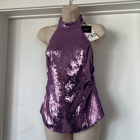 Size: S Halter Open Back Button Neck Closure No Flaws No Damages New Never Worn Ready To Ship Purple Going Out Top, Zara Embroidered Top, Sequin Halter Top, Purple Tops, Zara Sweatshirt, Sequin Halter, Zara T Shirt, Pretty Blouses, Mermaid Costume