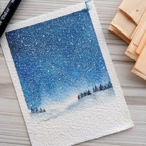 Aquarell Painting, Painted Christmas Cards, Winter Watercolor, Christmas Card Art, Watercolor Card, Watercolour Inspiration, Watercolor Christmas Cards, Seni Cat Air, Galaxy Painting