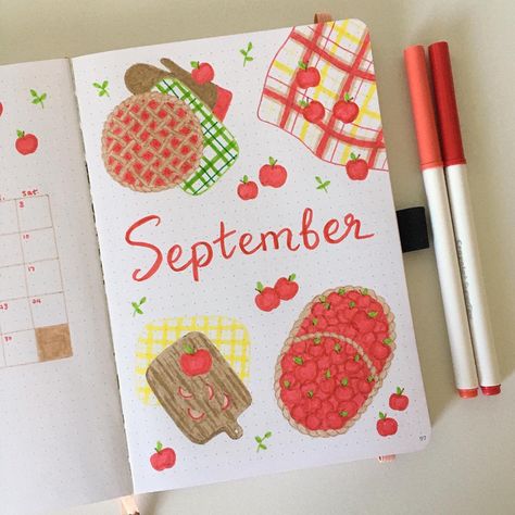 september apples bullet journal theme #bujo #bujoideas #bulletjournal #bulletjournaling #bulletjournalideas September Reading Journal, Apple Bullet Journal Theme, September Journal Page, Apple Bullet Journal, September Journal Cover, September Journal Ideas, September Bujo Theme, 2022 Cover Page, September Journaling