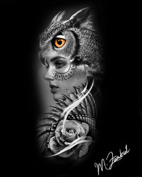 Owl Woman Tattoo, Owl Headdress Tattoo, Owl Sleeve Tattoo Women, Realistic Owl Tattoo For Women, Owl Head Tattoo, Owl Woman, Jungle Woman, Betta Breeding, Potrait Tattoo