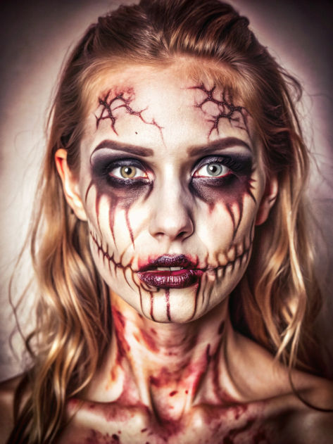 Creepy Halloween Face Paint, Intense Halloween Makeup, Dead People Makeup, Creepy Zombie Makeup, Undead Halloween Makeup, Zombie Skeleton Makeup, Gore Face Makeup, Creepy Skeleton Makeup, Halloween Scary Face Paint