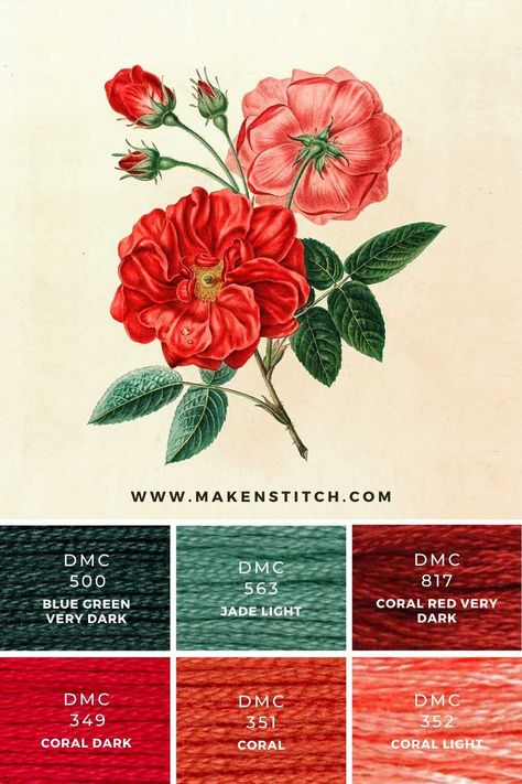 Coral Red Color Palette, Stitch Pallets, Poppy Color Palette, Stitch Palette, Flower Color Palette, Stitch Palettes, Coral Colour Palette, Color Plate, Stitching Projects