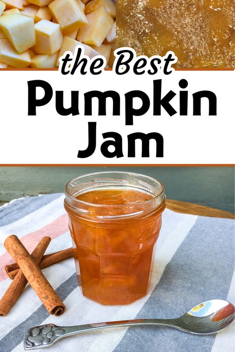 An open jar of pumpkin jam sitting on a tablecloth with a spoon and cinnamon sticks next to it. Pumpkin Spice Jam Recipe, Pumpkin Jam Recipe Canning, Pumpkin Jam Canning, Pumpkin Pie Jam, Pumpkin Jam Recipe, Pumpkin Chutney, Christmas Canning, Creative Canning, Pumpkin Jelly