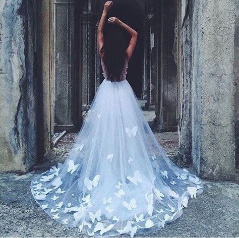 The tables have turned and brides ditched the traditional hemline, allowing young Quince girls to adopt the idea of Quinceanera.com Corpse Bride Wedding, Cute Prom Dresses, Butterfly Dress, Quince Dresses, 15 Dresses, Quinceanera Dresses, Beautiful Gowns, Fancy Dresses, Dream Dress