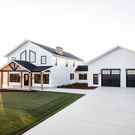 Buckeye bardominiums - Etsy Barndominium Ideas White Exterior, Houses With Guest House Attached, White Barndominium With Black Trim, Barndominium 3000 Sq Ft, Bardominum White, Home Vault Room, 5000 Sq Ft Barndominium, Modern Home Build, Two Story Open Concept House Plans