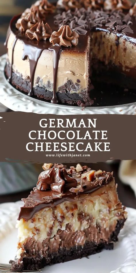 German Chocolate Mini Cheesecakes, Chocolate Bavarian Cheesecake, German Choc Cheesecake, German Chocolate Cake With Cream Cheese, German Cream Cake, Birthday Cake With Cheesecake Layer, German Chocolate Cheesecake Easy, Easy German Chocolate Cupcakes, Salted Caramel Chocolate Chip Cheesecake