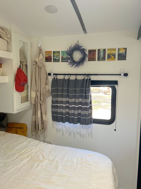 RV Decorating Ideas: Top Ways to Make Your RV Feel Like A Home — DEANDRA & MIKE Rv Remodel Curtains, No Sew Rv Curtains Diy, How To Remove Rv Window Valances, Replace Camper Curtains, Window Treatments For Campers, Diy Curtains For Camper, Rv Bedroom Curtain Ideas, Rv Curtain Room Divider, Rv Bedroom Curtains