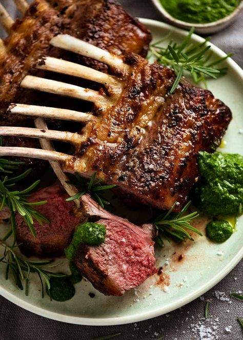 Rack of lamb on a plate with salsa verde Lamb Rack Recipe, Lamb Roast Recipe, Roast Rack Of Lamb, Marinated Lamb, Garlic Marinade, Lamb Chop Recipes, Lamb Ribs, Recipetin Eats, Lamb Dishes