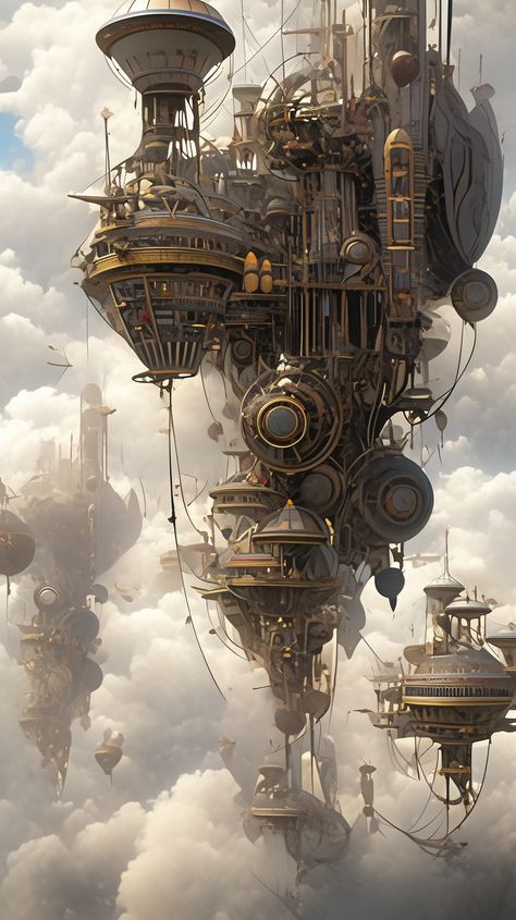 Floating City Aesthetic, Steampunk Floating Island, Steampunk Sky City, Futuristic Steampunk Aesthetic, Steam Punk Background, Steampunk Flying City, Steampunk Architecture Concept Art, Steampunk Floating City, Steampunk Magic Fantasy Art