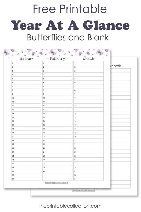 Free Printable Calendar, Year At A Glance | Look at your entire year to see what will happen. Write down all your appointments, birthdays, anniversaries, and more. One blank calendar and one with a butterflies border. | The Printable Collection Happy Planner Year At A Glance Ideas, 2023 Year At A Glance Calendar Printable Free, 2023 Year At A Glance Printable Free, Month At A Glance Printable Free, Year At A Glance Printable Free, Year At A Glance Calendar, Repurposed Crafts, Order Tracker, Printable Yearly Calendar