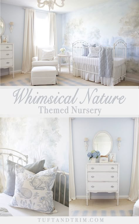 Blue Nursery Girl, Light Blue Nursery, Prince Design, Nature Themed Nursery, Boy Nursery Themes, Baby Nursery Inspiration, Whimsical Nature, Nursery Room Design, Girl Nursery Room