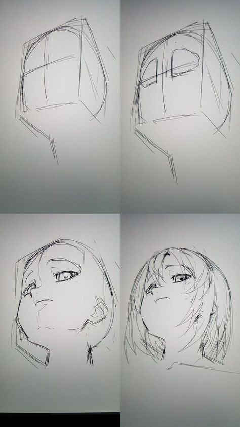 Sideways Profile Drawing, Ponytail Men Drawing, Anime Character With Sharp Teeth, Anime Face Looking Up, Dynamic Perspective Poses Drawing, Perspective Face Reference, Anime Head Perspective, Anime Face Perspective, Perspective Art Reference People