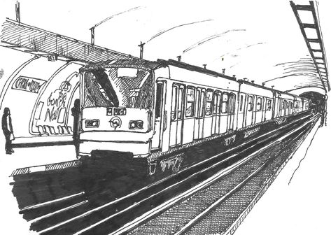 Paris Metro - sketched in 0.5mm ink pen Train Drawing Sketches, Metro Drawing, Metro Sketch, Subway Drawing, Train Sketch, Metro Art, Pencil Drawing Ideas, Train Drawing, Metro Paris