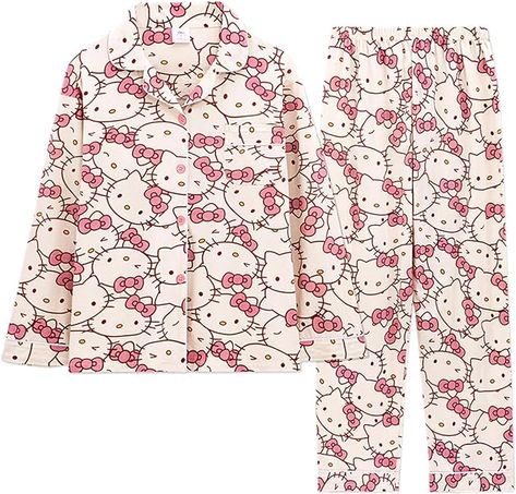 Womens Sleepwear Material】：The pajamas for women made from a Soft, lightweight and comfortable fabric of polyester,lightweight,skin-friendly and soft fabric keeps you comfortable while sleeping. Cute Pajamas For Women, Sleeping Pajamas, Pajamas Design, Hello Kitty Pajamas, Casual Sleepwear, Kawaii Pajamas, Womens Sleepwear, Classic Pajamas, Womens Pajama