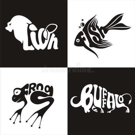 Animals Logo Buffalo, Lion, Frog, Fish Stock Vector - Illustration of buffalo, frog: 83894700 Frog Fish, Animals Logo, Inspiration Typographie, Typography Drawing, Word Drawings, Logo Word, Typographic Logo Design, Logo Animal, Black And White Logos