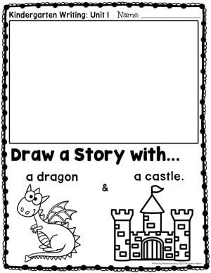 Kindergarten Writing Prompts: Drawing a Story - Dragon and Castle Prompts Drawing, Dragon And Castle, Writing Kindergarten, Writing Center Kindergarten, Kindergarten Writing Activities, Kindergarten Writing Prompts, Writing Planning, Kindergarten Language Arts, Kindergarten Lesson Plans