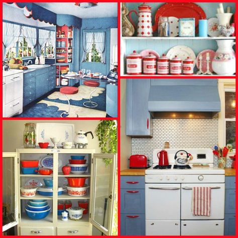 Light Blue And Red Kitchen, Red Blue Kitchen, Blue And Red Kitchen, Blue French Country Kitchen, Red White And Blue Kitchen, Blue Vintage Kitchen, Red And Teal Kitchen, Eclectic Minimalism, Kitchen Upcycle