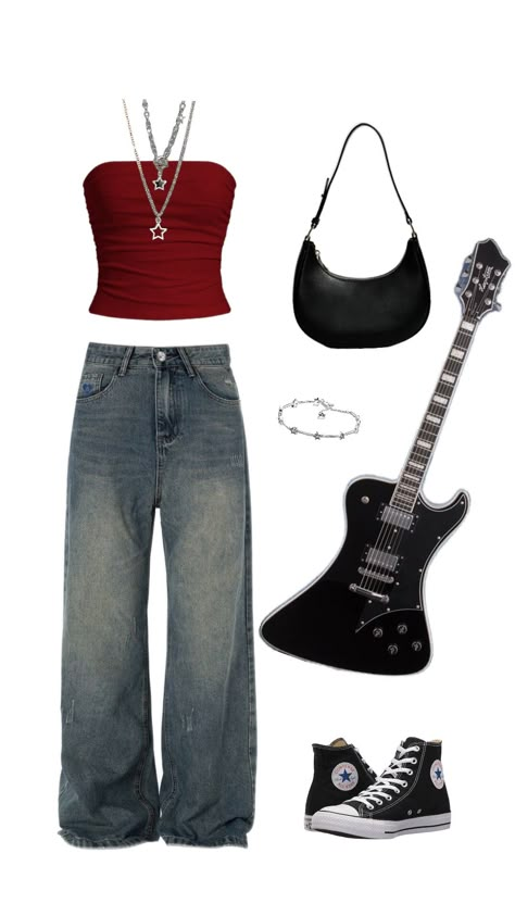 guitar girl 🎸🎧 #stargirl #guitar #doentowngirlasthetic #music #red #black #girlboss Red Black Outfits Aesthetic, Grunge Stage Outfits, 80s Rockstar Gf Outfits, Pop Star Outfit Aesthetic, Rock Star Aesthetic Outfit, Band Girl Outfit, Black And Red Aesthetic Clothes, Girl In Red Concert Outfit Ideas, Y2k Concert Outfit Ideas