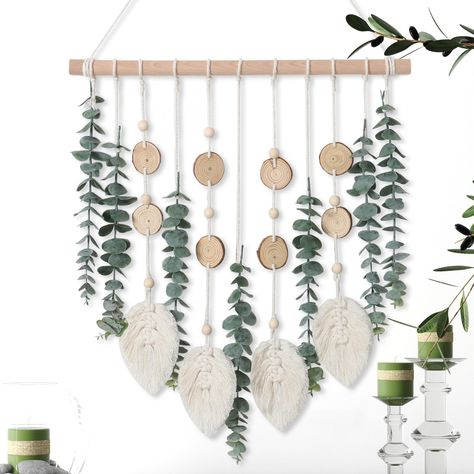 PRICES MAY VARY. 【Eucalyptus Wall Hanging Decor】Made of high-quality wood, plastic, and cotton rope, the fake eucalyptus leaf wall hanging looks very natural, never withers, and will keep green forever. The size 16.5x21.6in(42x55cm) is perfect for your space. This boho aesthetic macrame wall hanging will fill a blank wall, adding texture and comfort to your house. 【Unique Bohemian Design】Natural wood slices, solid wood stick, elegant wood beads, realistic artificial eucalyptus stems and beige ma Faux Greenery Decor, Eucalyptus Wall Hanging, Fake Eucalyptus, Top Decor Ideas, Eucalyptus Stems, Boho Office, House Unique, Greenery Decor, Feuille Eucalyptus