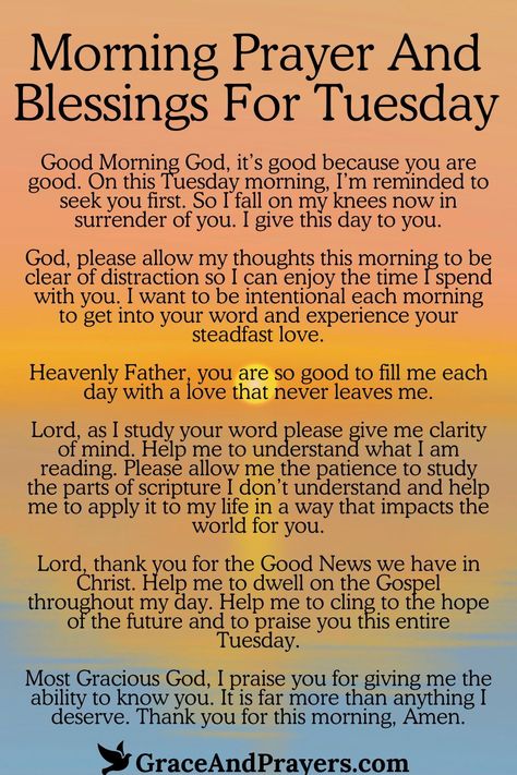 Welcoming a new Tuesday with a prayer is like opening a door to a day blessed with God's presence.  Seek out this prayer for a Tuesday filled with divine wisdom, courage to face challenges, and a spirit of thankfulness for every moment.  Embrace the day with faith and optimism. Read more morning prayers and blessings for each day at Grace and Prayers. Good Morning Tuesday Prayers, Tuesday Prayer Mornings, Tuesday Blessings Mornings Smile, Thankful Tuesday Quotes, Tuesday Morning Blessings And Prayers, Tuesday Blessings Scripture, Tuesday Prayers And Blessings, Tuesday Morning Greetings, Tuesday Morning Prayers