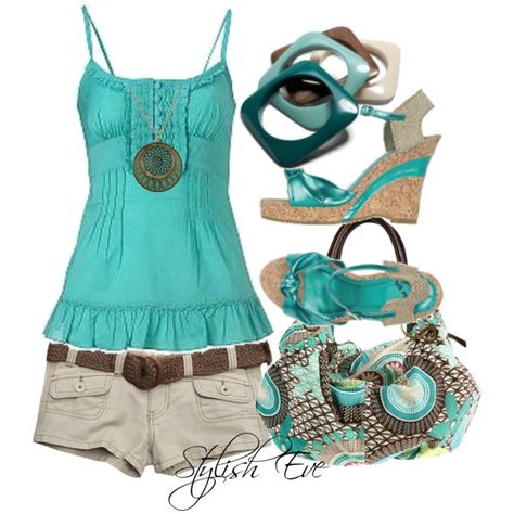 Teal Shorts Outfit Summer, Teal T Shirt Outfits, Teal Shorts Outfit, Turquoise Shirt Outfit, Turquoise Top Outfit, Turquoise Outfit Ideas, Turquoise Outfit, Teal Outfit, Aqua Outfit