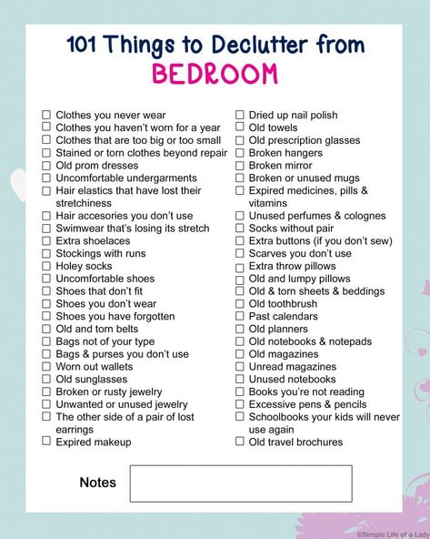 declutter checklist - 101 things to declutter from bedroom Bedroom Declutter, Bedroom Checklist, Clean Room Checklist, Room Cleaning Tips, Declutter Bedroom, Room Checklist, Declutter Checklist, Deep Cleaning Checklist, Declutter Home