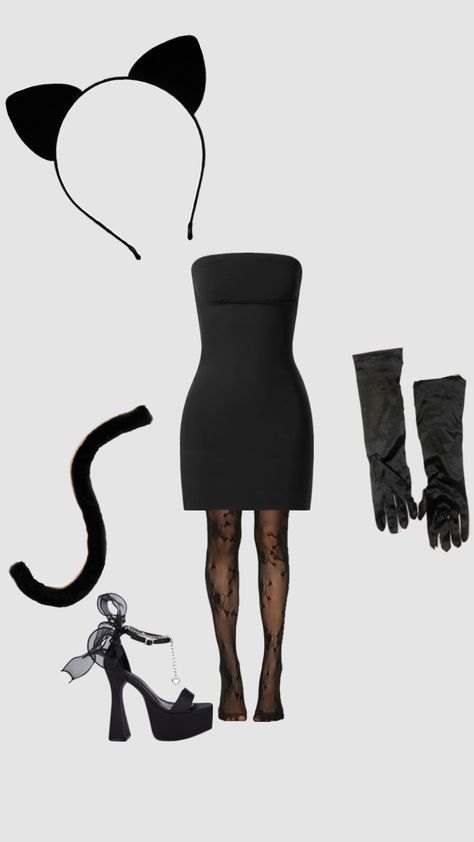 Halloween costume! Black Tie Halloween Party Outfit, Black Gloves Halloween Costume, Chill Halloween Outfits, Cat Outfits Women Halloween, Kitty Cat Costume Women, Last Minute Black Halloween Costumes, Halloween Black Dress Ideas, Cat Girl Halloween Costume, Black Clothes Halloween Costume