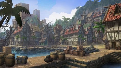 Pirate Roleplay (Closed) - Port town - Wattpad Evelynn League Of Legends, Fantasy Village, Pirate Island, Fantasy Town, Rpg Map, Location Inspiration, Fantasy City, Fantasy Setting, Fantasy Places