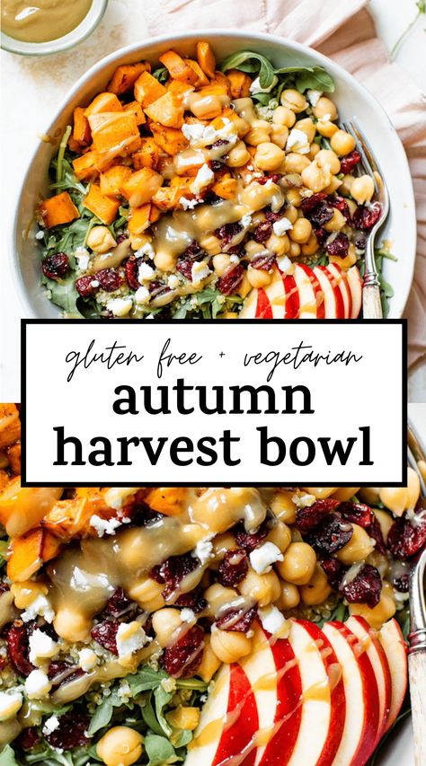 The BEST Autumn Harvest Bowl made with arugula, quinoa, chickpeas, sweet potato and drizzled with the most amazing maple-tahini dressing #vegetarian #harvestbowl Vegan Lunch Bowl Ideas, Paleo Harvest Bowl, Vegetarian Power Bowl Recipes, Healthy Fall Harvest Bowl, Fall Vegetarian Recipes Low Carb, Fall Vegetarian Recipes Lunch, Fall Food Meal Prep, Harvest Bowl Vegetarian, Autumn Harvest Bowl Recipe