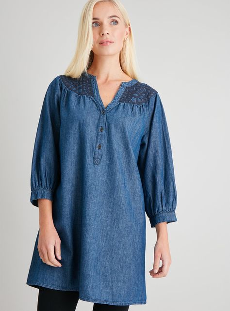 Get in on the denim trend with our stylish blue tunic. Crafted from a pure cotton fabric, it features a V-neck, three quarter length sleeves and a pretty floral yoke detail. Partner with leggings and canvas trainers for a cool autumn/winter look.   Blue denim tunic Floral yoke detail V-neck 3/4 length sleeve Model wears a size 10  Model's height is 5'8"  Material 100% Cotton Care Machine washable Product code 137555197 Cool Autumn, Sleeve Model, Denim Tunic, Size 10 Models, Denim Trends, Winter Looks, Dress Patterns, Three Quarter, Blue Floral