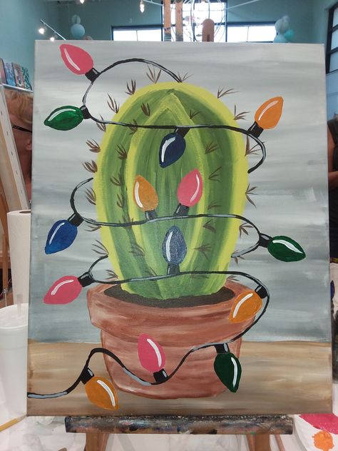 Christmas Cactus Painting, Simple Desert Painting, Mexican Paintings Ideas, Cactus Quilt, Cactus Christmas Tree, Cactus Ideas, Cactus Christmas Trees, Class Painting, Creative Pumpkin Painting