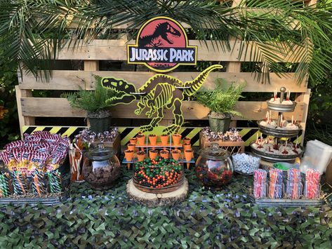 Jurassic Park Dessert Table, Dinosaur Birthday Party Food, 3rd Birthday Party For Boy, Jurassic Park Birthday Party, Jurassic Park Party, Jurassic Park Birthday, Dinosaur Birthday Party Decorations, Park Birthday, Dinosaur Themed Birthday Party