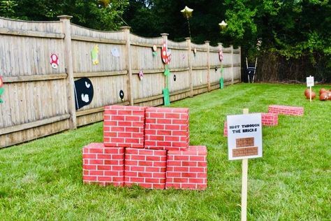 Mario Birthday Party At Park, Mario Outdoor Games, Mario Birthday Obstacle Course, Super Mario Bros Obstacle Course, Mario Brothers Birthday Party Games, Mario Party Obstacle Course, Super Mario Bros Party Activities, Mario Party Birthday Games, Mario Cart Obstacle Course