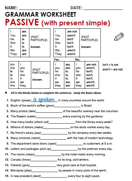 Quality ESL grammar worksheets, quizzes and games - from A to Z - for teachers & learners PASSIVE Passive Worksheet, English Grammar Test, Materi Bahasa Inggris, English Grammar Exercises, Passive Voice, Grammar Quiz, English Teaching Materials, Simple Present, Grammar Exercises