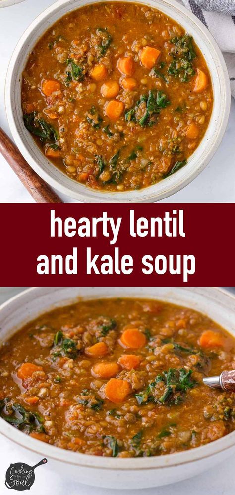 Upgrade your lentil soup game with this flavorful Lentil Kale Soup! Loaded with aromatic spices, hearty lentils, and nutritious kale and carrots, it's perfect for a nourishing meal. This lentil soup is meal prep and freezer friendly. Lentils And Kale Recipe, Lentil And Kale Soup, Lentil Kale Soup, Lentil Kale, Tomato Lentils, Kale Soup Recipes, Quick Healthy Lunch, Lentil Soup Recipes, Kale Soup