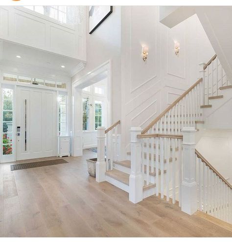 Neutral Foyer with millwork Casa Country, Foyer Decorating, Dream House Rooms, House Goals, Dream House Plans, Staircase Design, Wood Flooring, Pretty House, Property Listing