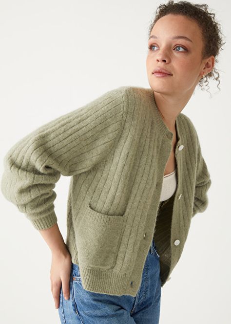 Patch Pocket Rib Knit Cardigan - Khaki - Cardigans - & Other Stories US Khaki Cardigan, Rib Knit Cardigan, Ribbed Neckline, Fashion Story, Baby Baby, The Chic, Knit Cardigan, Alpaca, Patch Pocket