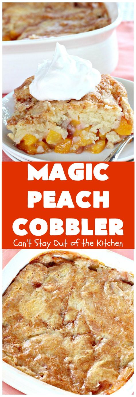 Magic Peach Cobbler | Can't Stay Out of the Kitchen | This spectacular #peachcobbler is divine! Boiling water is poured over the cobbler before baking & it turns out magically! Best #Peach #cobbler ever! #dessert Magic Peach Cobbler, Dump Cobbler, Wednesday Meals, Cobbler Dump Cake, Fruit Treats, Peach Cobbler Dump Cake, Dump Recipes, Easy Peach Cobbler, Peach Dump Cake