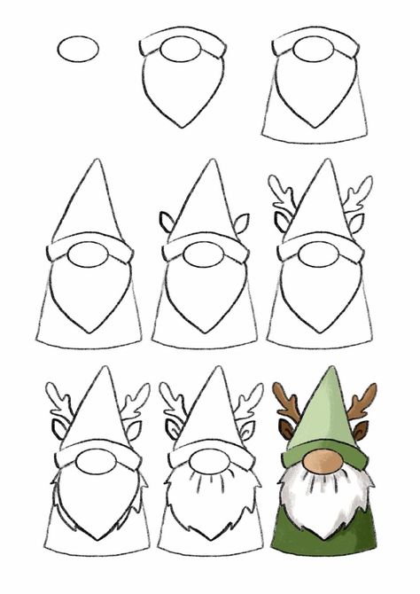 Simple Gnome Tattoo, Nome Drawings, Christmas Gnome Drawing, Easy Gnome Drawing, Gnome Drawing Simple, Gnome Step By Step, Draw A Gnome, Gnomes Drawing, Gnome Drawing