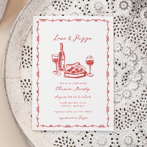 Whimsical Hand Drawn Pizza & Wine Bridal Shower Invitation Italian Invitation Design, Pizza Bridal Shower Theme, Wine Bridal Shower Invitations, Pizza Wedding, Pizza And Wine, Engagement Invite, Bridal Shower Wine, Wedding Announcement Cards, 2025 Wedding