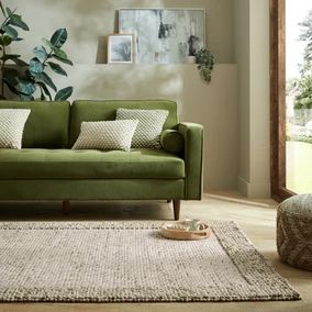 Green Rugs - Dark & Light Green | Dunelm Living Room With Rugs Ideas, Pebble Wool Rug, Carpet With Green Sofa, Green Sofa And Rug, Cream Living Room Green Accents, Green Area Rugs In Living Room, Snug Living Room Ideas, Rugs In Living Room Boho, Olive Sofa Living Room Ideas