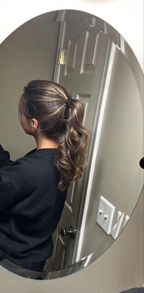 highlighted ecoposh brunette balayage in ponytail Brown Hair In A Ponytail, Brown Hair Up, Dark Brown Hair With Blonde Highlights, Brunette With Blonde Highlights, Chestnut Brown Hair, Short Hair Ponytail, Brown Hair With Caramel Highlights, Blonde Highlights On Dark Hair, Medium Hair Color