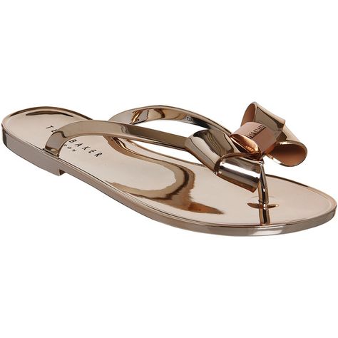 Ted Baker Ettiea Flip Flops (€50) ❤ liked on Polyvore featuring shoes, sandals, flip flops, rose gold, women, embellished sandals, slip on sandals, jelly bow flip flops, embellished thong sandals and jelly shoes Cute Shoes Flats, Bow Flip Flops, Gold Strappy Heels, Feminine Shoes, Bow Sandals, Stylish Sandals, Embellished Sandals, Flip Flop Shoes, Shoe Fits